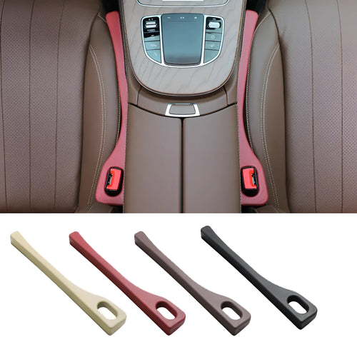 A pair of flexible polyurethane car seat gap filler rods shown in available colours: black, brown, red, beige, and green.