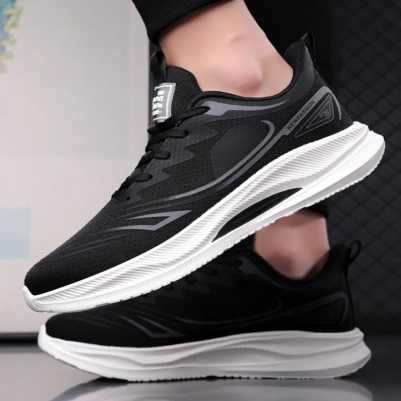 Men's black and blue fly woven mesh casual sneakers with a round toe and low platform sole.