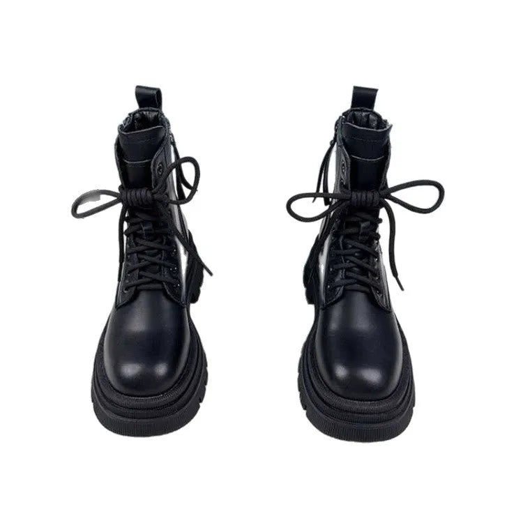 Women's thick-soled British-style leather boots with mid heel, lace-up front, round toe, rubber sole, black colour
