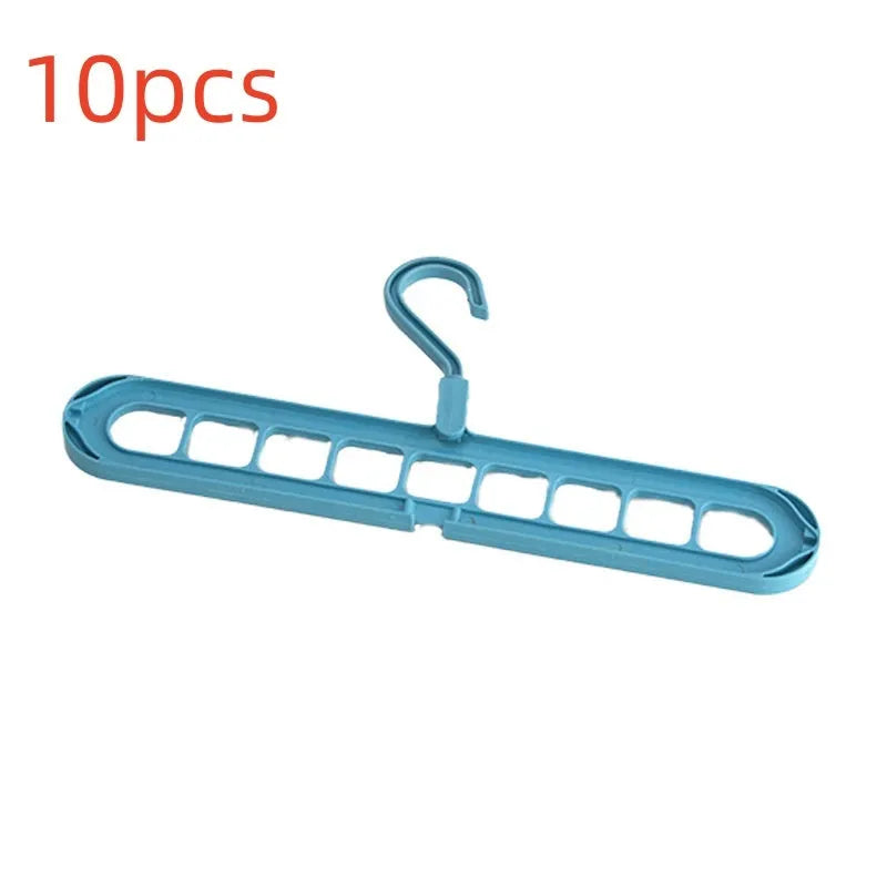 Foldable plastic hanger with nine holes for hanging trousers, shown in a choice of colours.