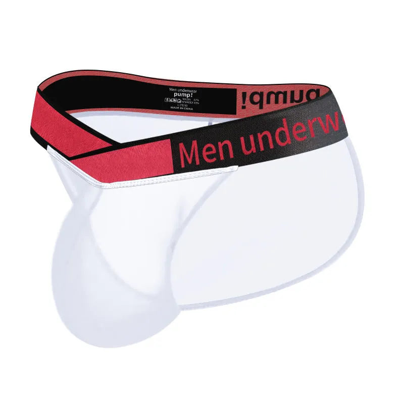 Men's transparent ice silk briefs with large V gradient high fork design in red colour