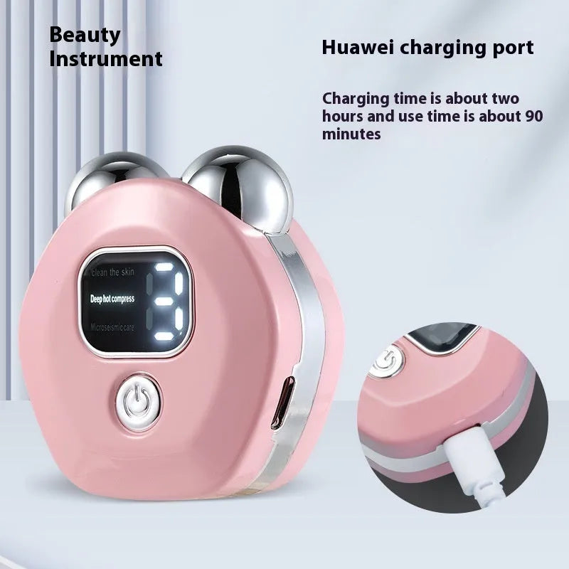 Portable white facial massage instrument with a dual-roller head for hot compress and microcurrent therapy.