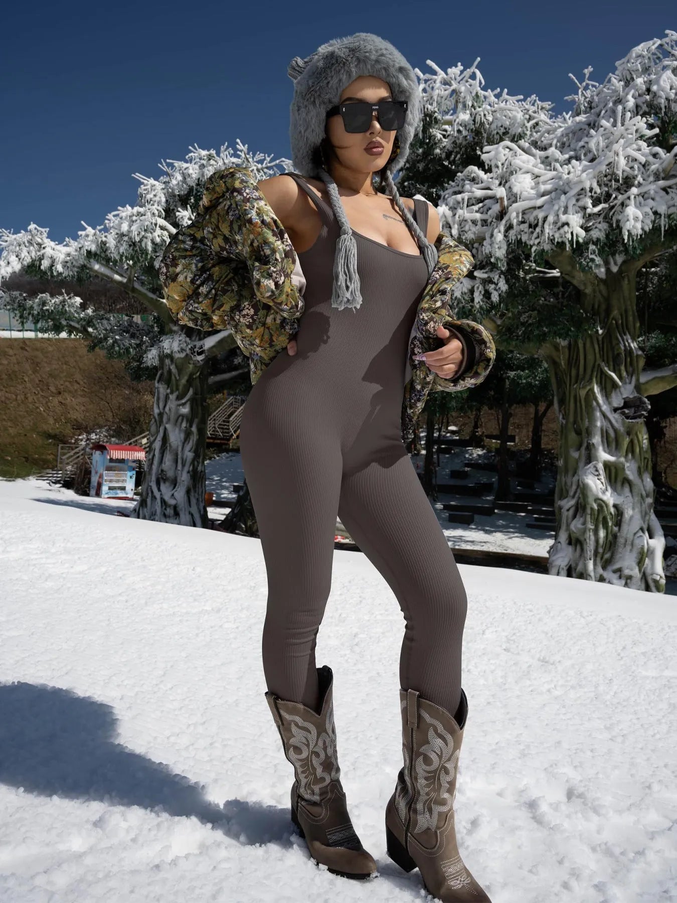 Women's beige spandex suspender tank top tights with button detail, shown at full length.
