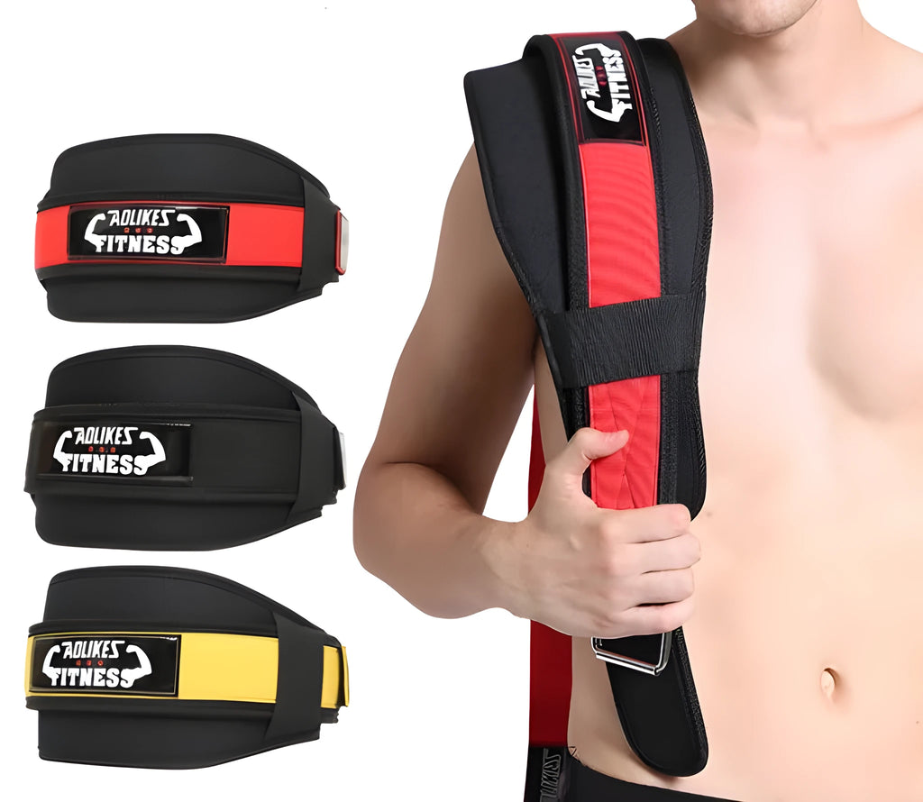 Nylon fitness weightlifting waistband belt in black, red, or yellow, shown in sizes L, M, and XL.