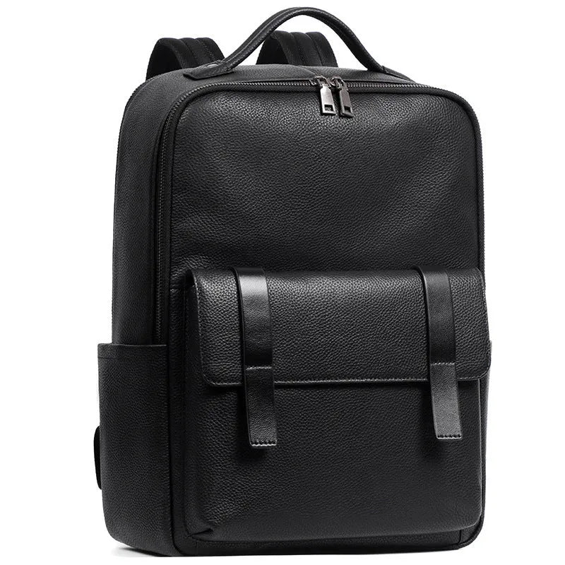 Black genuine leather men's business laptop backpack with 36-55L capacity showing weaving design details