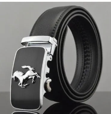 Men's black leather belt with an automatic buckle on a 3.5 cm wide cowhide strap.