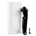 Black folding body electric shaver in open and closed positions showing battery compartment