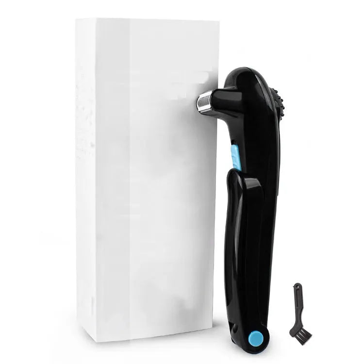 Black folding body electric shaver in open and closed positions showing battery compartment