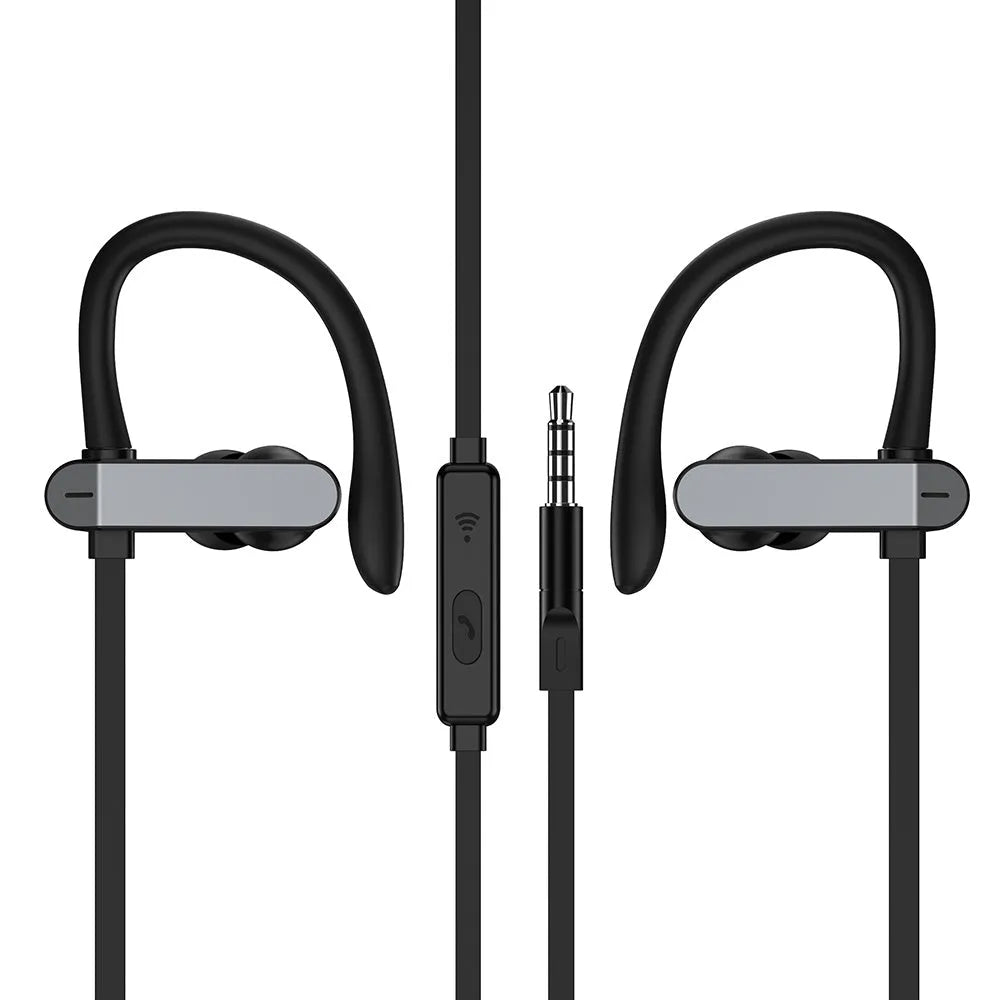 Sport earphones with ear hook design in black blue colour option for secure fit during exercise