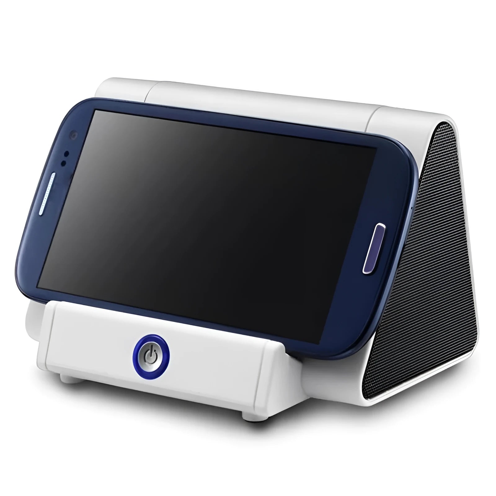 Small black and white wireless Bluetooth speaker with built-in USB charging cable on a desk.