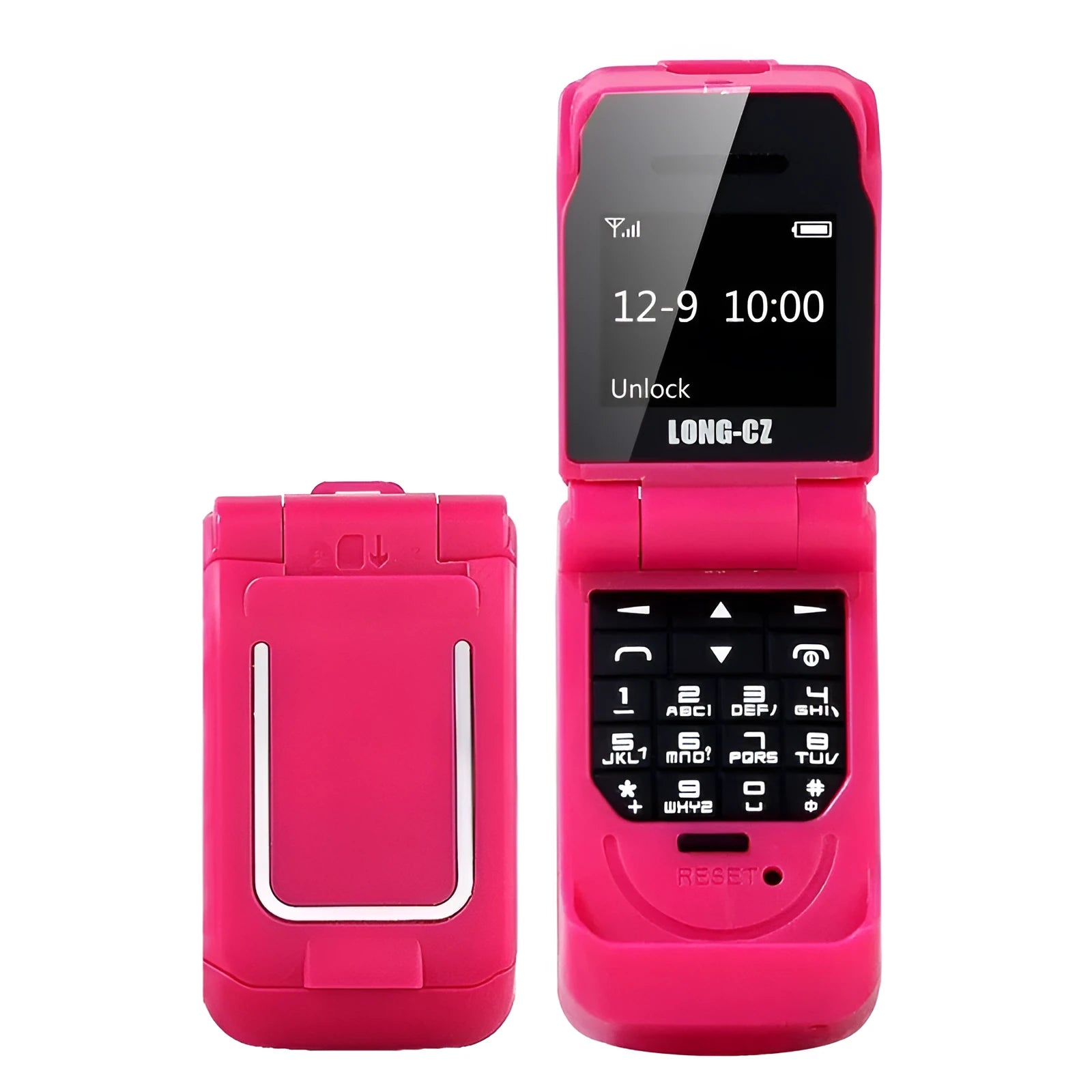 Mini flip phone in six colours with a flip cover and small screen.