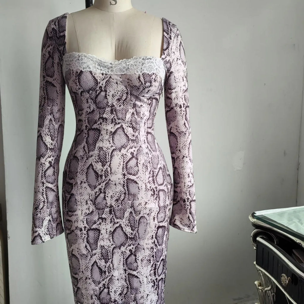 Grey women's slim fit lace dress with 3D digital pattern, A-line skirt, and long sleeves.