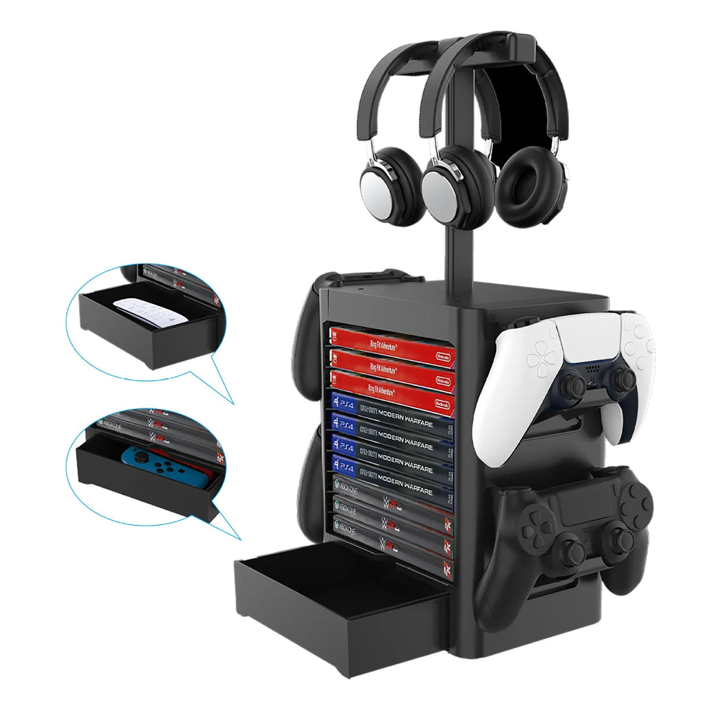 Black gaming organiser rack holding headphones and controllers with drawer for accessories
