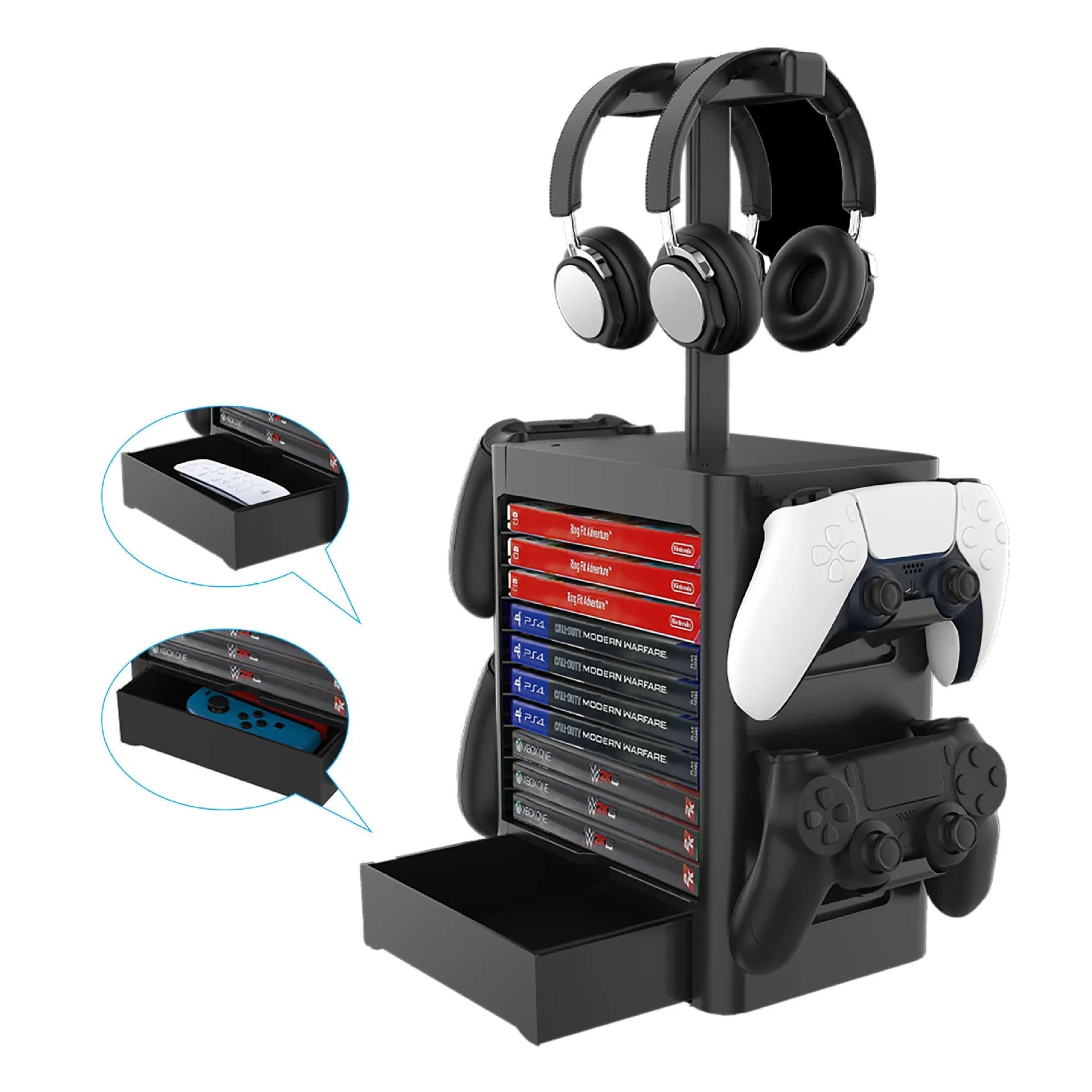 Black gaming organiser rack holding headphones and controllers with drawer for accessories