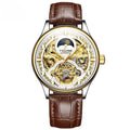 Men's gold leather strap automatic mechanical watch with 16mm waterproof case