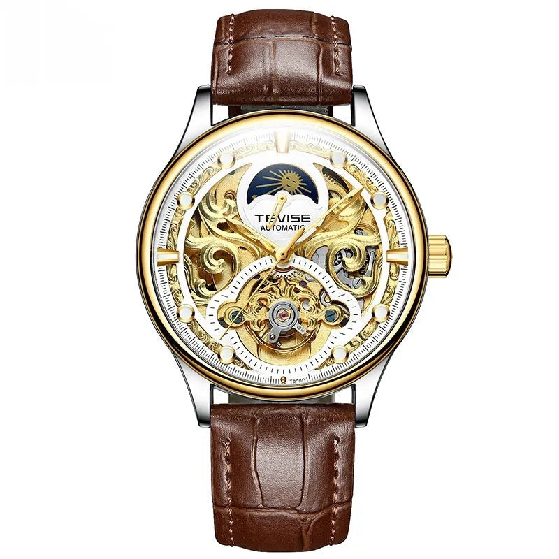 Men's gold leather strap automatic mechanical watch with 16mm waterproof case