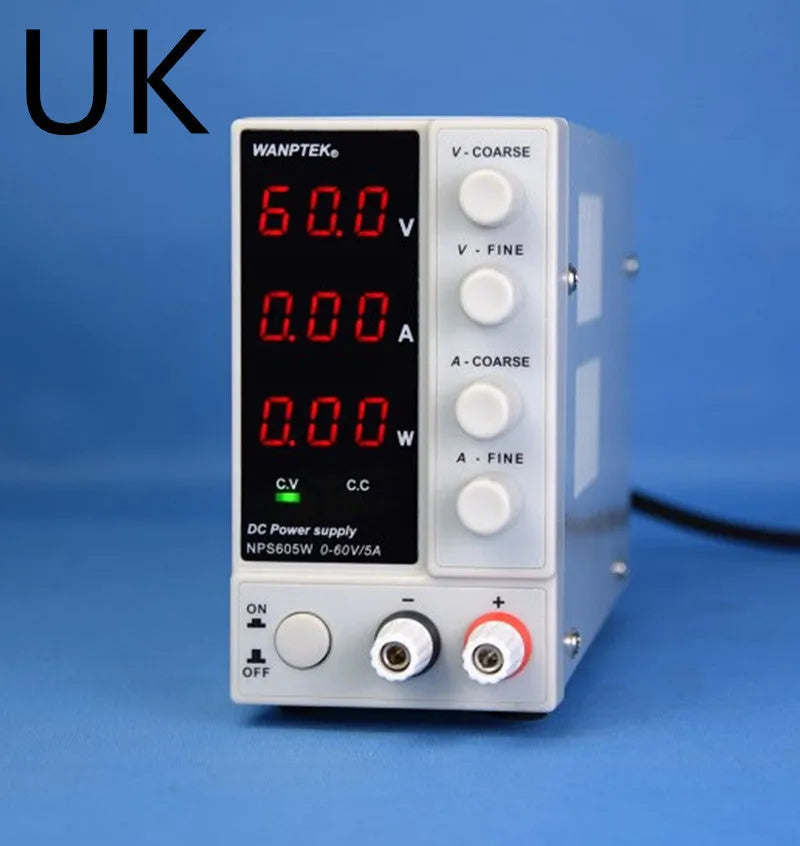 White adjustable DC bench power supply with display, model S605W, for electronics testing.