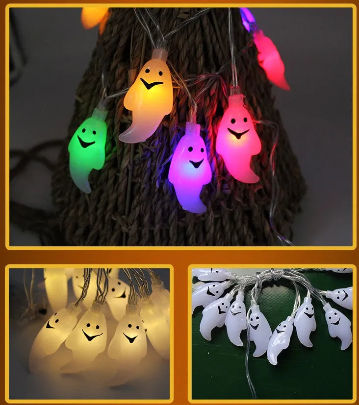 Halloween LED string lights with pumpkin, bat and ghost pendants on 1.2 metre white cable