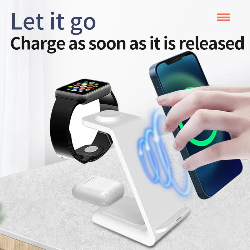 Black upright wireless phone charger with holder displaying mobile phone at angle for charging and viewing