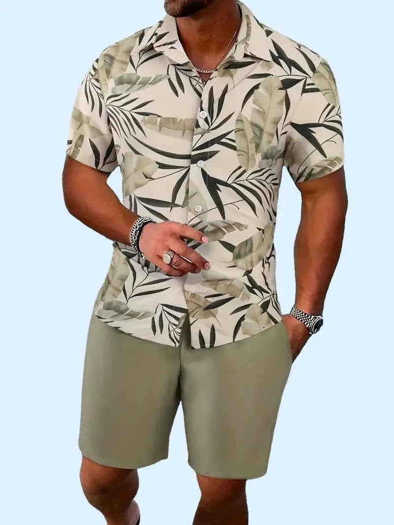Men's Hawaii 3D printed short sleeve top and shorts leisure suit set on a hanger.