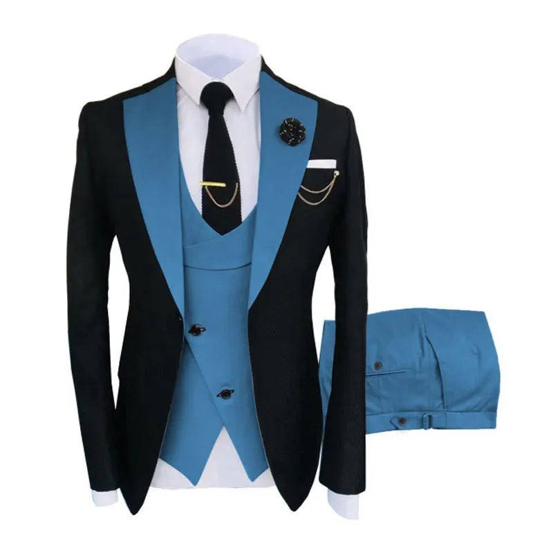 Men's slim fit cotton three-piece business suit showing coat, vest and trousers in black colour option