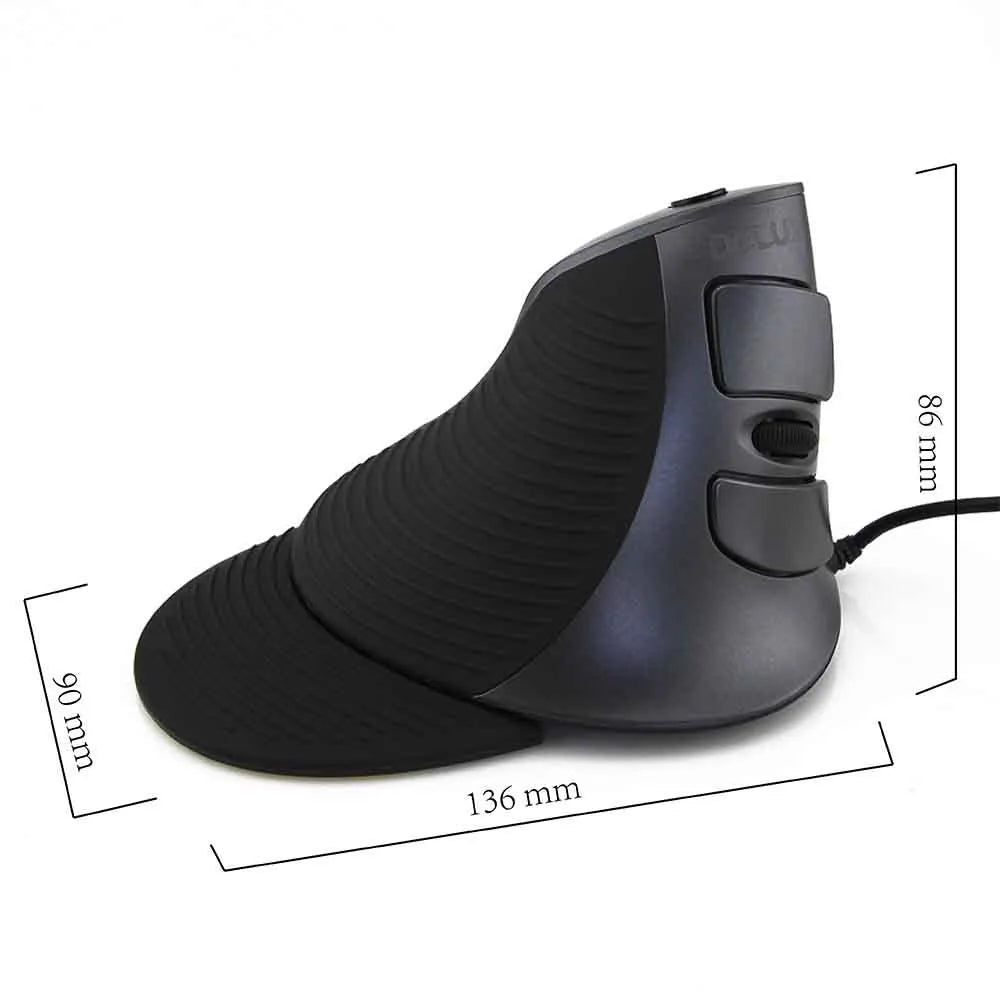 Black and white ergonomic vertical wired mouse for desktop computers showing side profile.