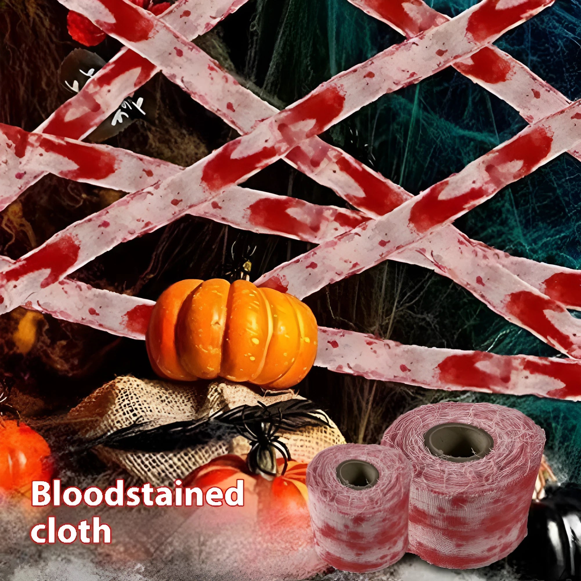 Roll of Halloween horror dyed gauze bandage in bloody red colour, shown with a loose end draped.