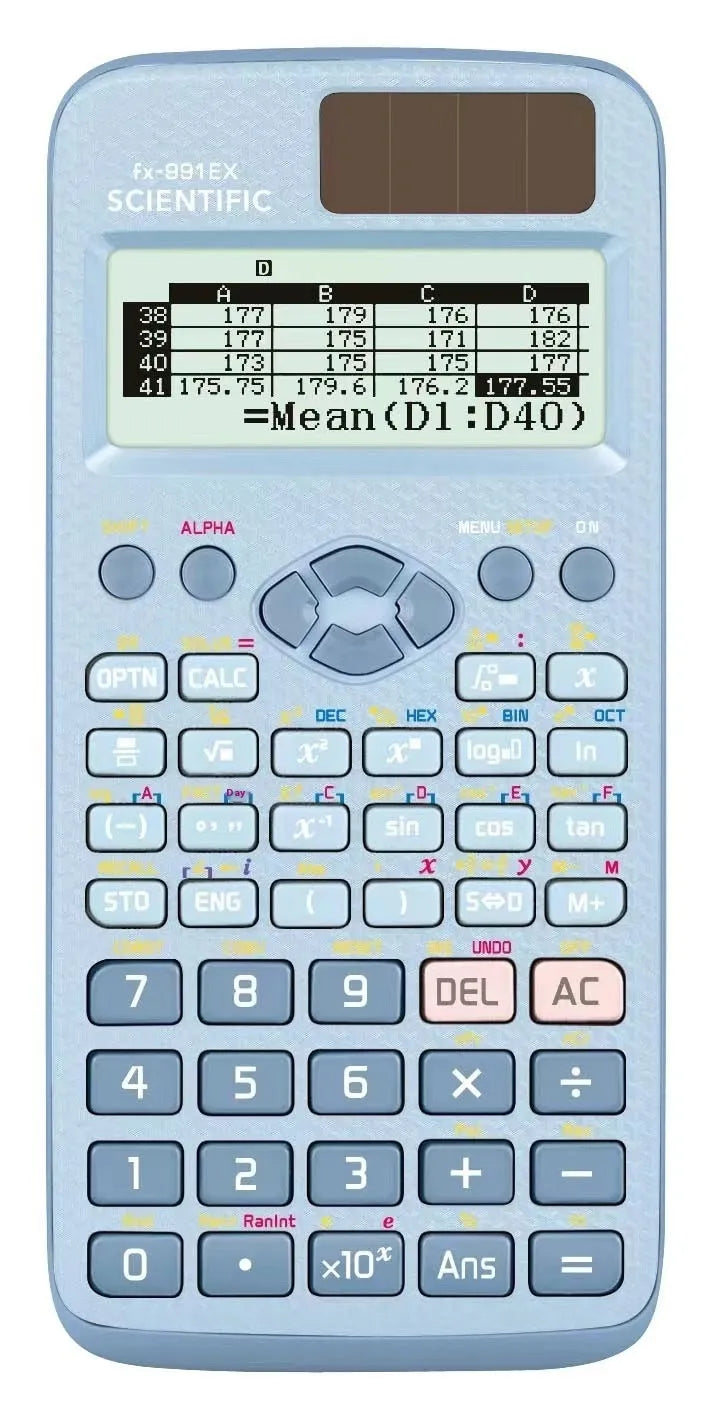 991EX scientific calculator in black, blue, or pink colour with solar panel