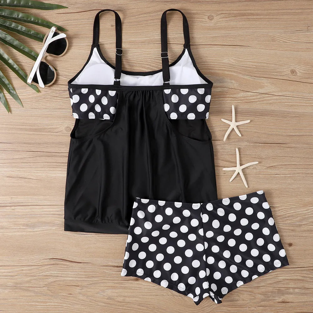 Women's polka dot boxer swimsuit with high waist conservative style in polyester fabric
