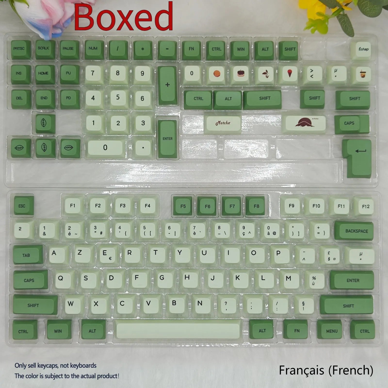 124 PBT keycaps in Matcha green colour arranged by language layout for mechanical keyboards