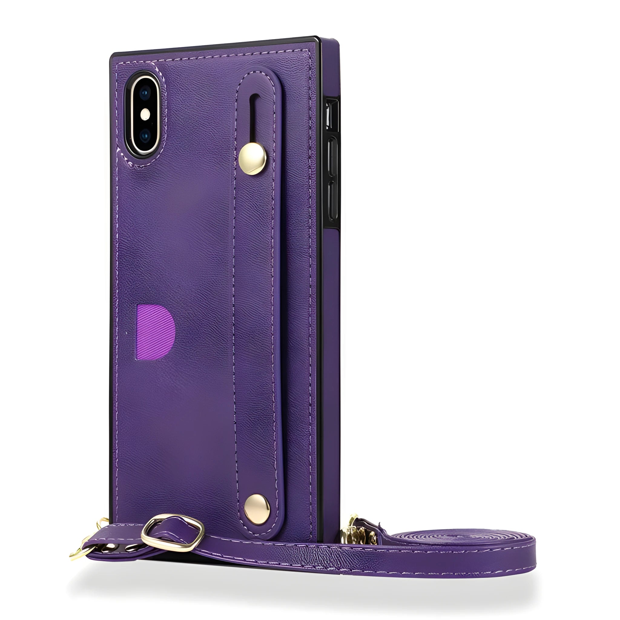 Black leather iPhone case with card holder slot and detachable wrist strap on a table