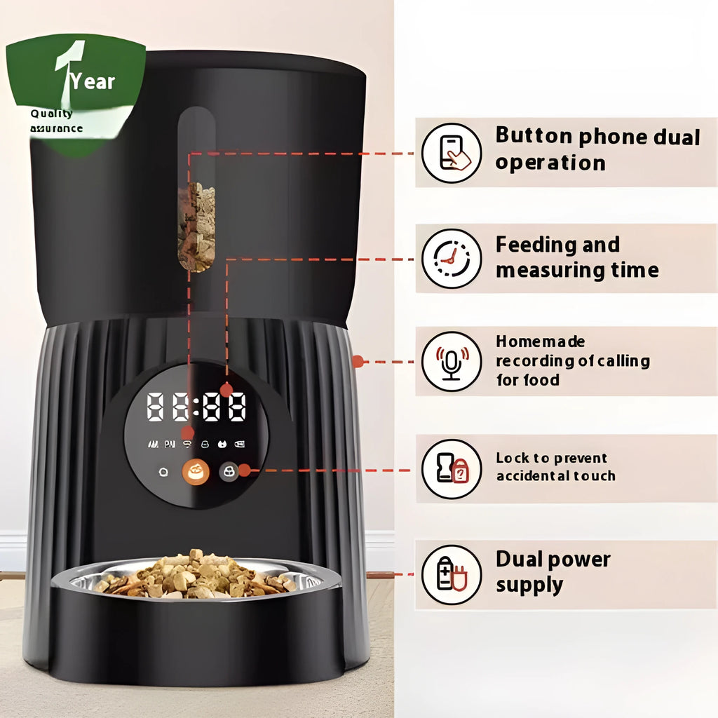 Black automatic pet feeder with food container and digital display
