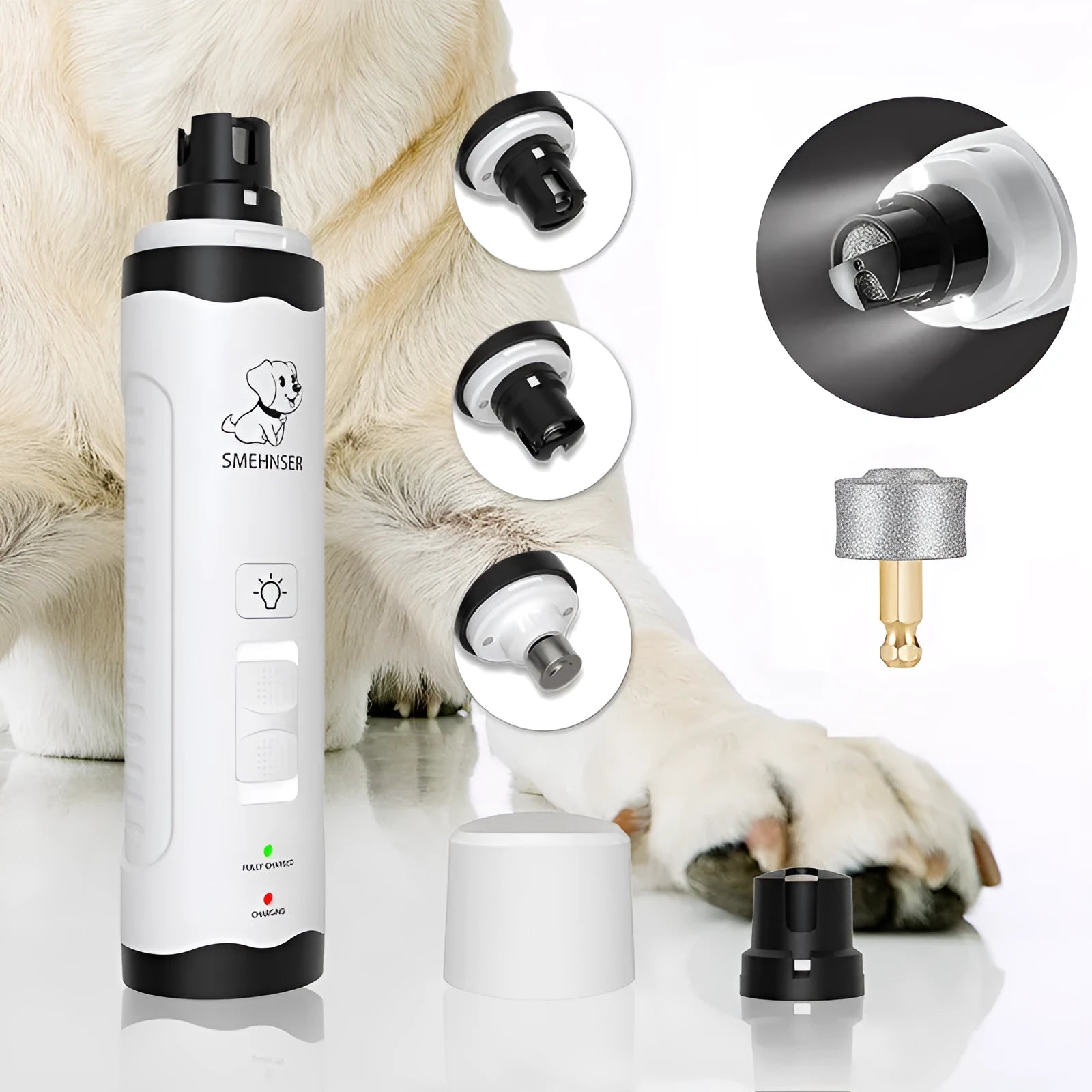 Electric dog nail trimmer with LCD display showing power levels and dust collection system