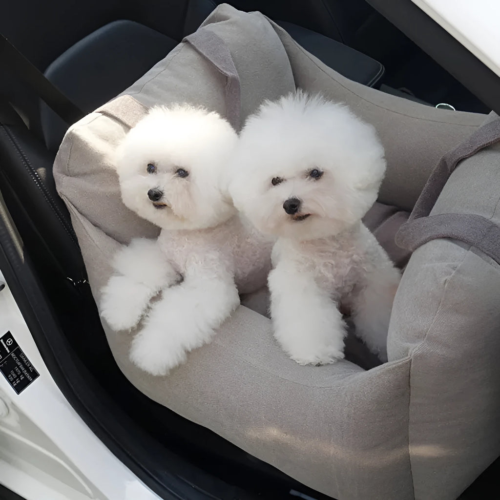Pet dog car carrier seat basket in grey cloth with mesh panels for breathable travel