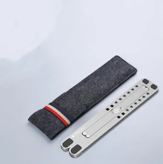 Aluminium laptop stand folded and unfolded showing adjustable height mechanism in silver finish