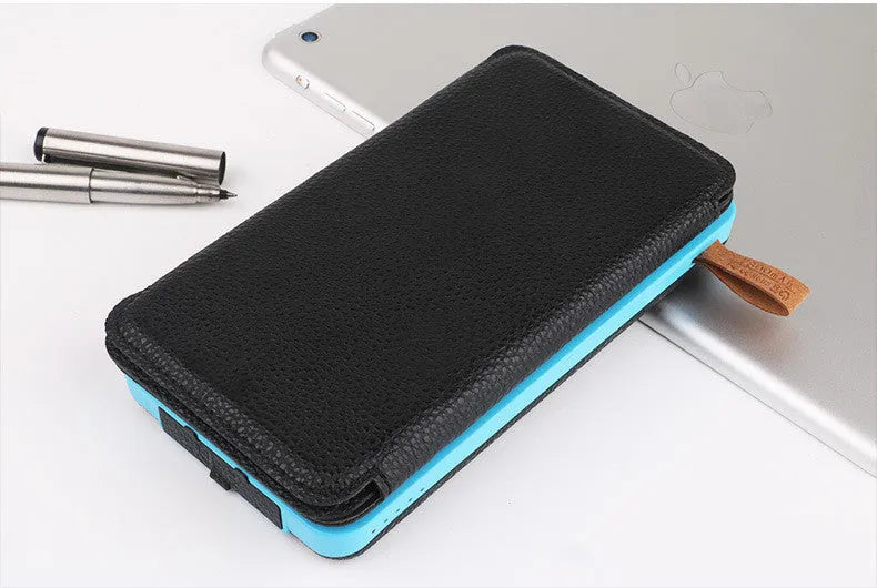 Rainproof solar power bank with monocrystalline panel and LED light in black colour