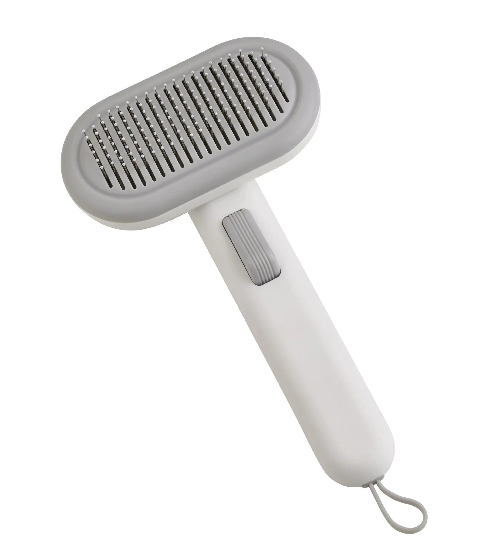 Large pet hair removal comb in light grey with stainless steel teeth and one-click knot remover.