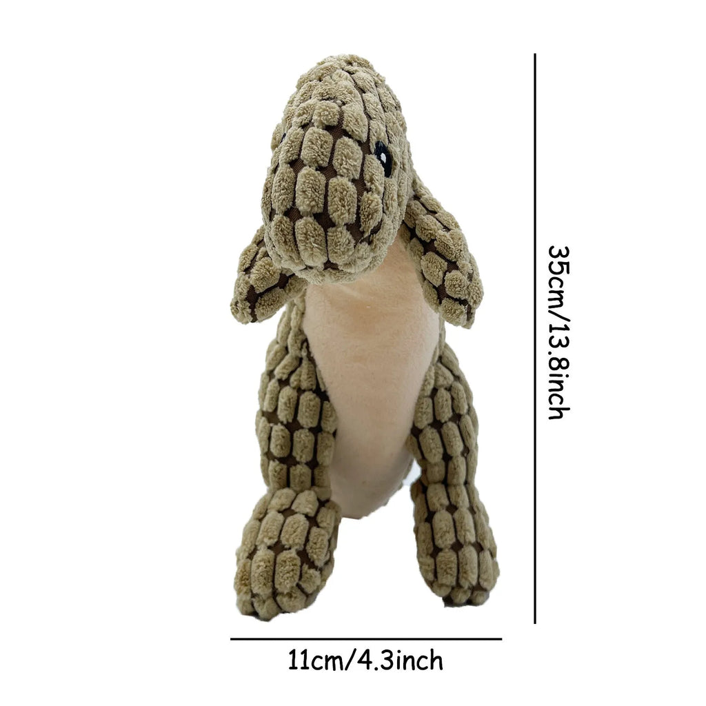 Grey, green, and orange dog sound toy resistant to bites and grinding teeth, measuring 35cm long.