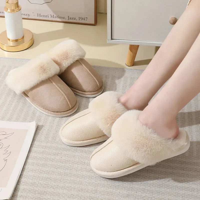 Women's plush indoor slippers with round toe, flat heel, and PVC sole in multiple colour options