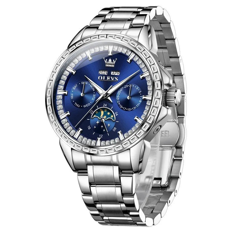 Men's automatic mechanical watch with diamond markers on stainless steel band