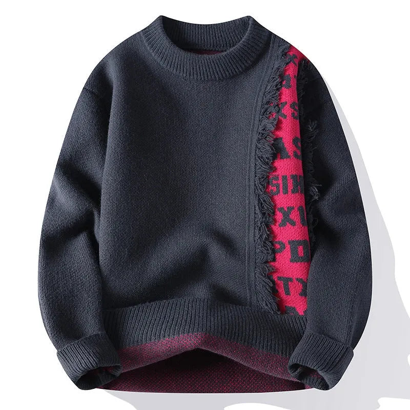 Men's loose knitted pullover with ribbed hem in polyester and rabbit fur blend fabric