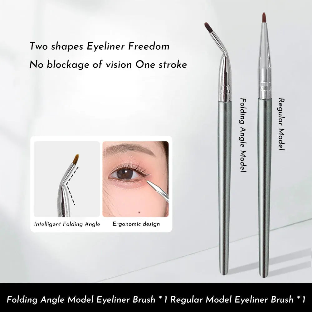Angle view of a bend head fine tip eyeliner makeup brush for detailed eye application.