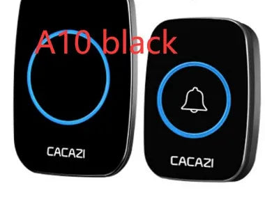 Wireless doorbell system with plug-in receiver and battery transmitter showing black, white, gold, and silver colour options