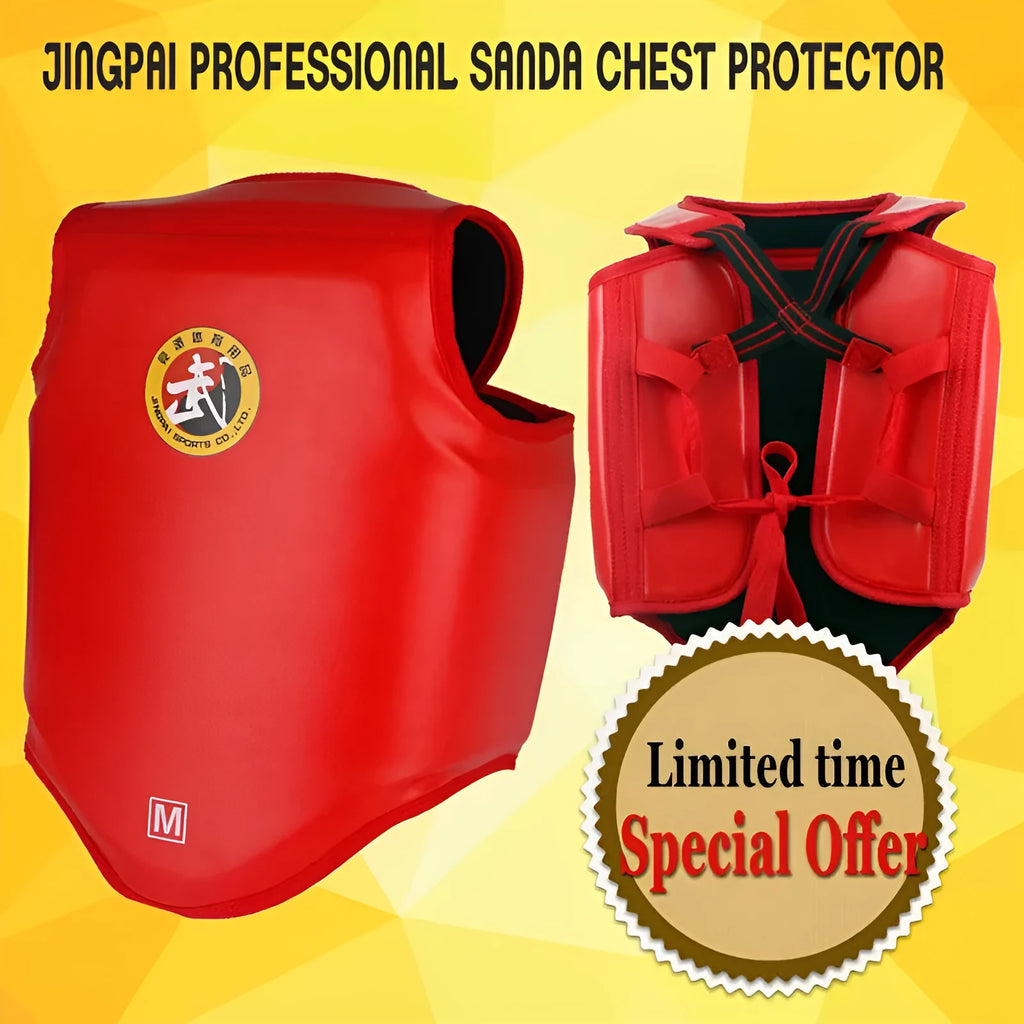 Red boxing helmet and chest protector set with one-piece design for training