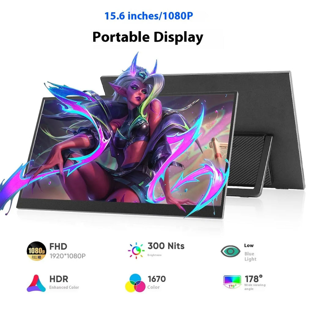 Black 15.6-inch portable LED monitor with IPS panel and Full HD resolution for office use