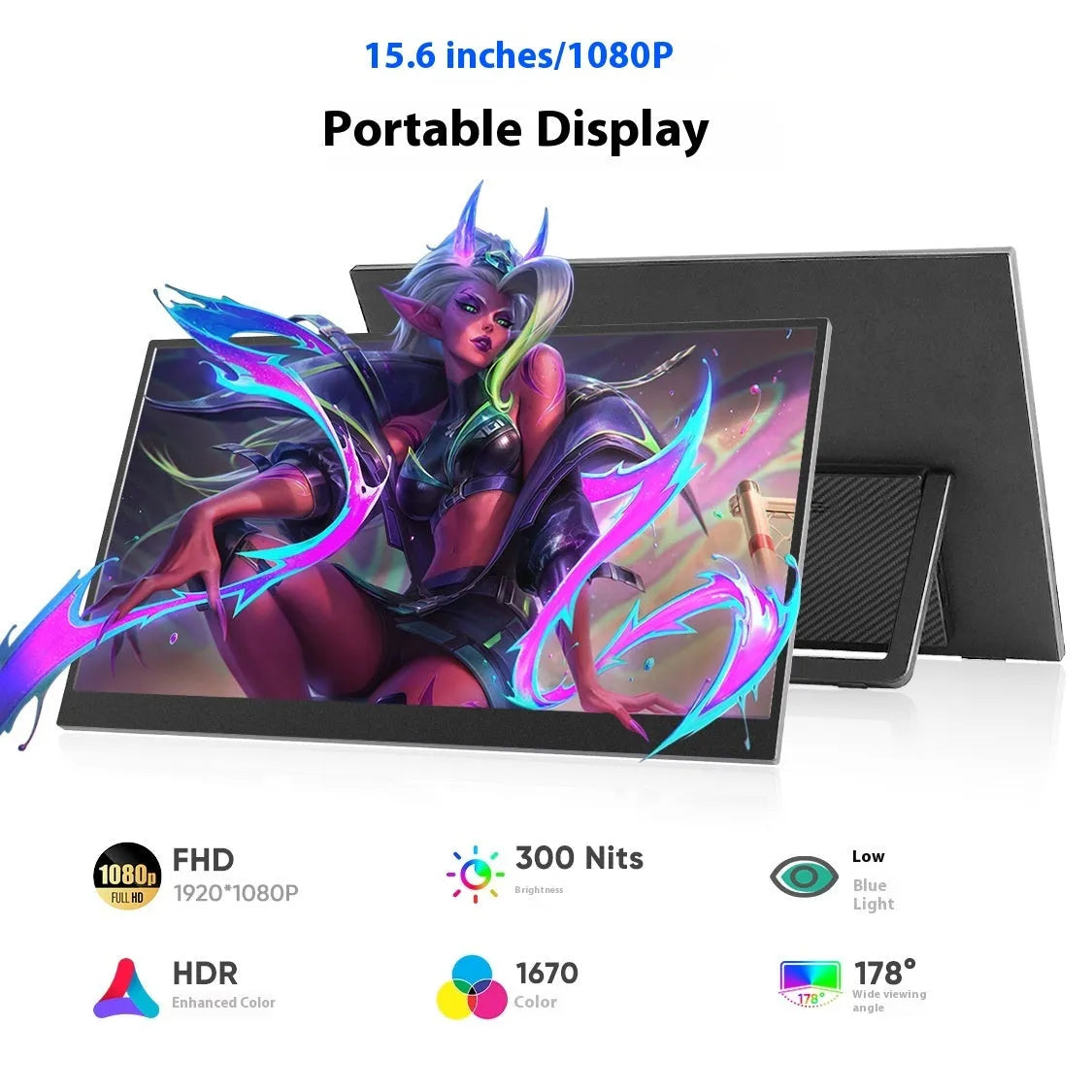 Black 15.6-inch portable LED monitor with IPS panel and Full HD resolution for office use