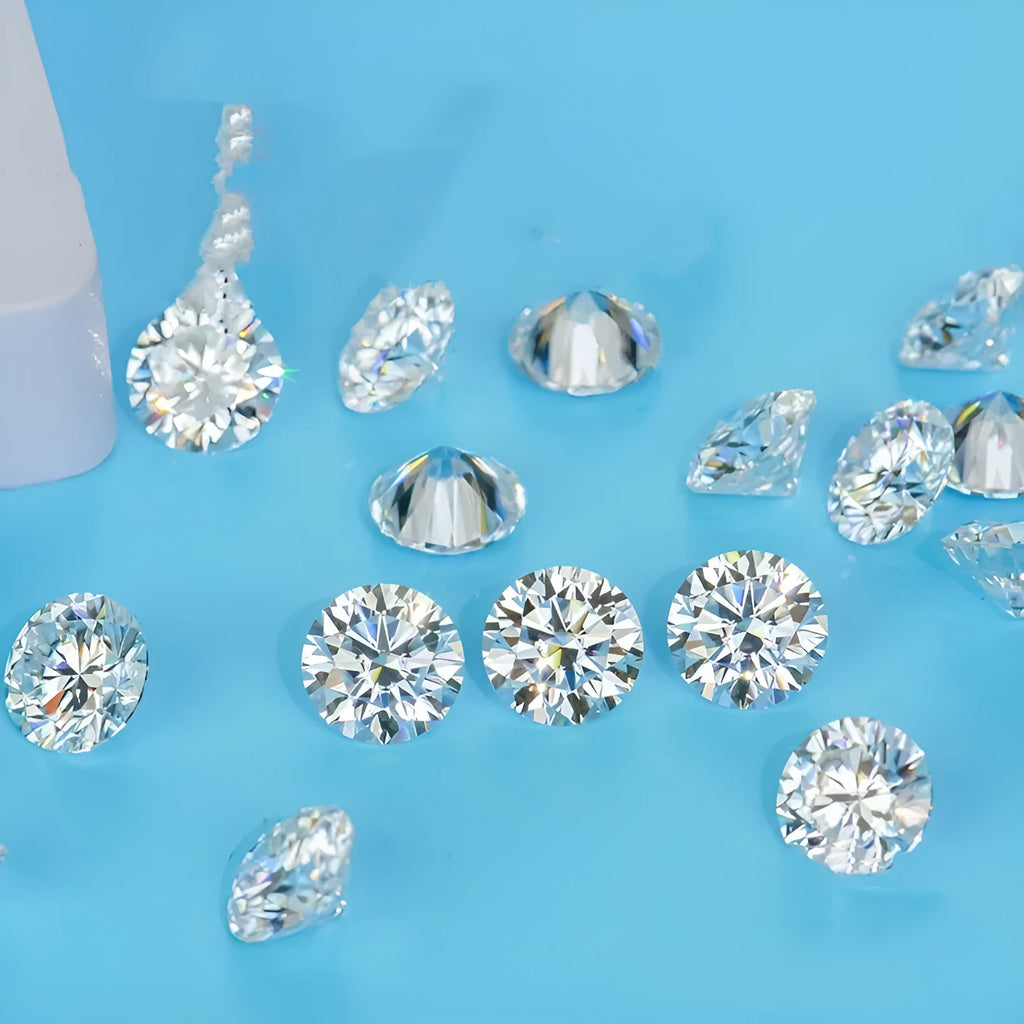 Round brilliant cut moissanite gemstone showing eight hearts and eight arrows pattern on a neutral background.