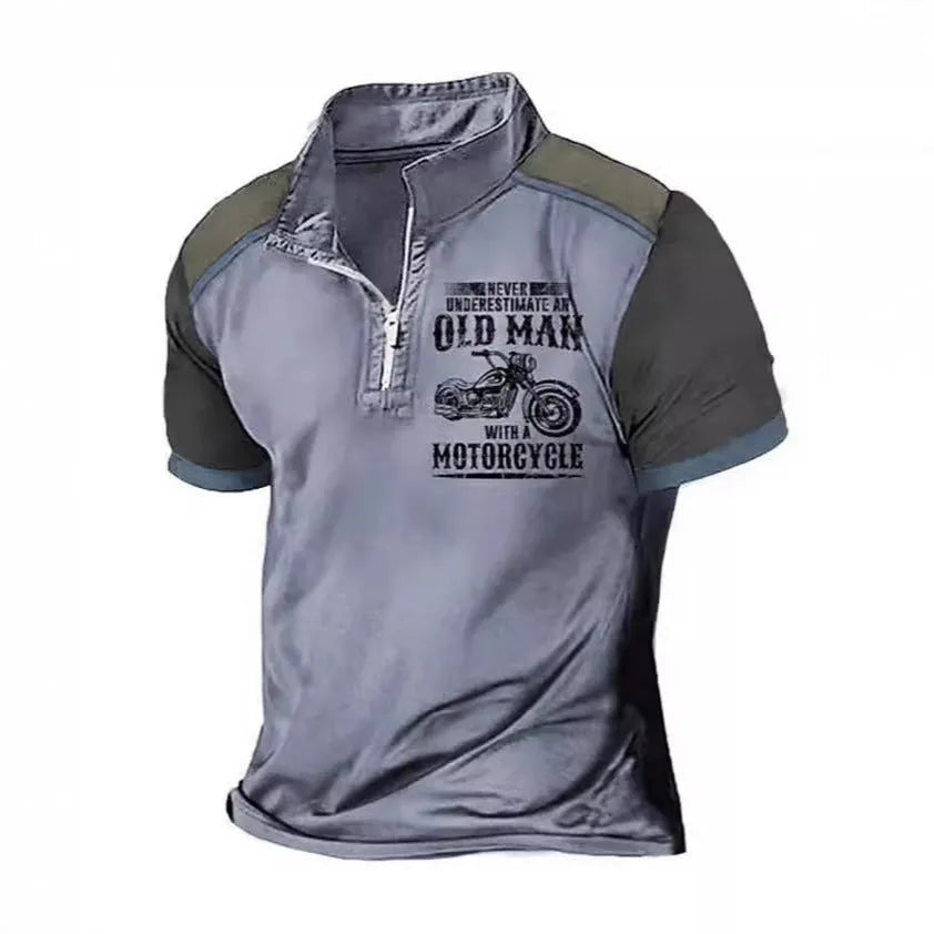 Men's casual polo shirt with digital letter print, lapel collar, and decorative zipper details on short sleeves.