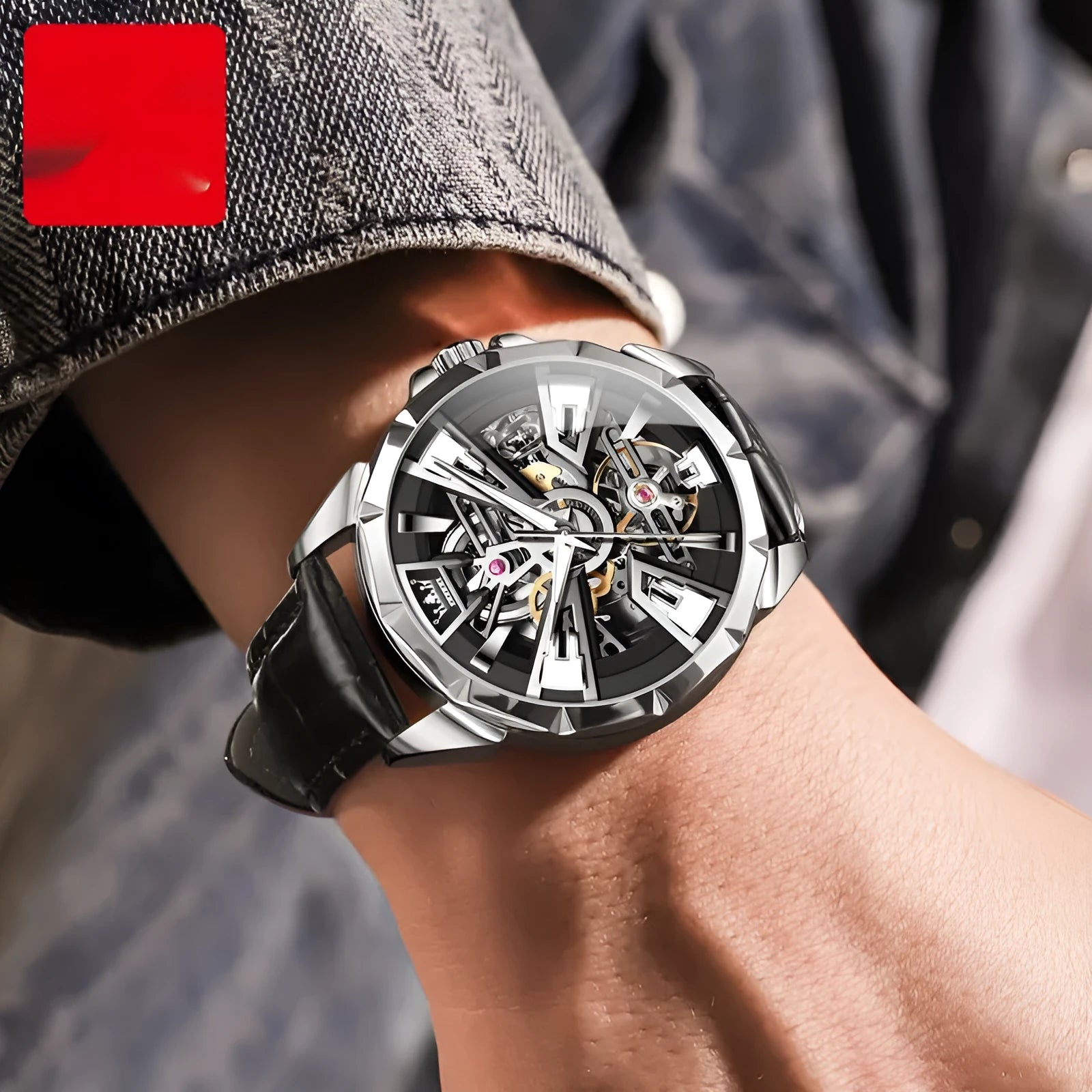 Men's automatic mechanical watch with hollow dial visible through transparent case back on genuine leather strap