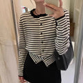 Dark grey and white striped French style women's slim fit cardigan sweater coat